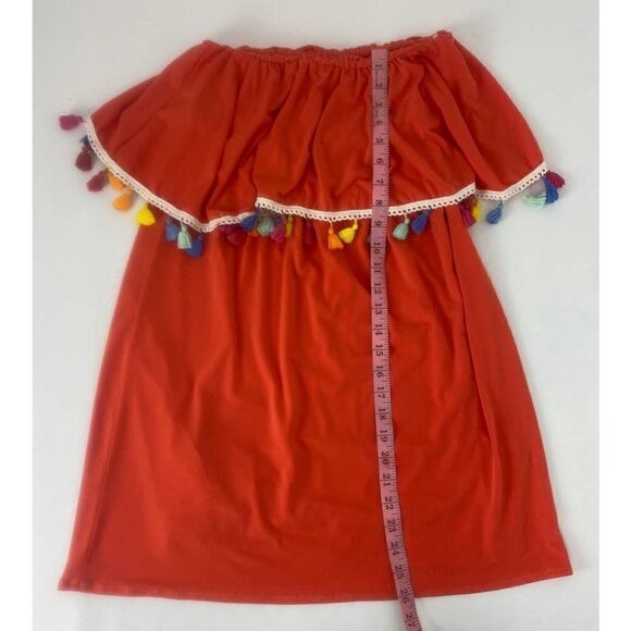 Judith March Mandarin Orange Pom Pom Off Shoulder Top Colorful - Size Medium - Picture 5 of 7